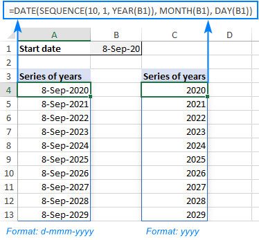 Una fórmula para generar una secuencia de años en Excel