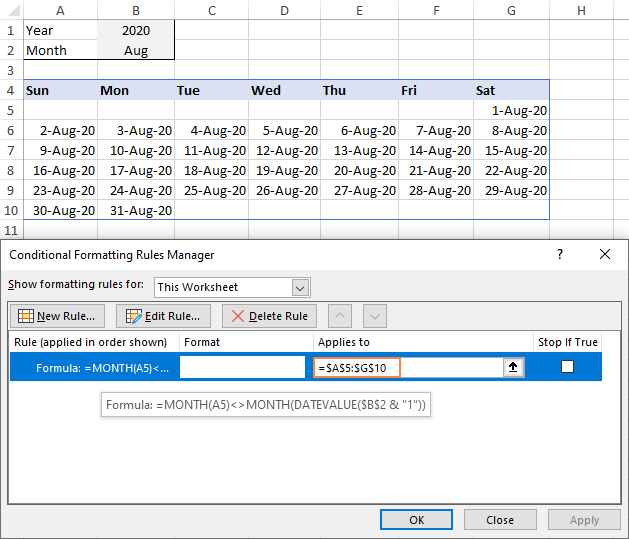 Configure una regla de formato condicional para ocultar fechas irrelevantes.