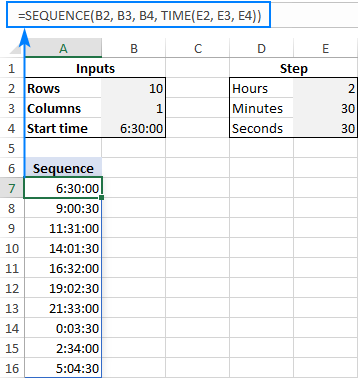 Fórmula para crear una secuencia de tiempo en Excel con cualquier tamaño de paso de incremento