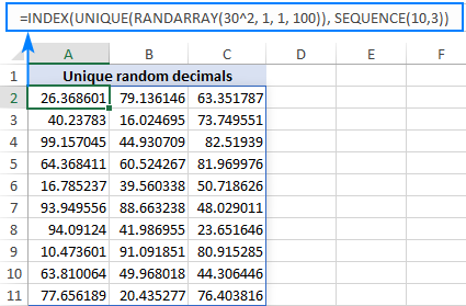 Una fórmula de Excel para crear un rango de números decimales aleatorios que no se repiten