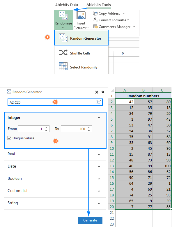 Generador de números aleatorios para Excel sin repeticiones