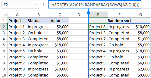Fórmula para ordenar aleatoriamente datos en Excel manteniendo las filas juntas