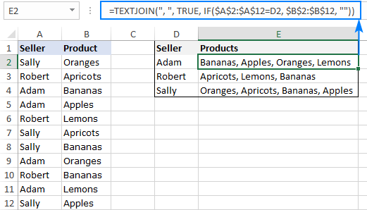 Excel TEXTJOIN para buscar y devolver múltiples coincidencias en una lista separada por comas