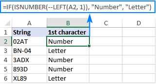 Fórmula IF ISNUMBER para comprobar si el primer carácter es un número o una letra