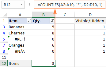 Ahora, puede filtrar los datos de la manera que desee, y la fórmula le dirá cuántas celdas filtradas en la columna A contienen texto (3 en nuestro caso):