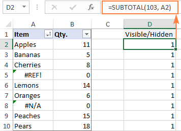 Para las celdas visibles, la fórmula devuelve 1. Tan pronto como filtre u oculte manualmente algunas filas, la fórmula devolverá 0 para ellas.  (No verá esos ceros porque se devuelven para filas ocultas. Para asegurarse de que funciona de esta manera, simplemente copie el contenido de una celda oculta con la fórmula Subtotal a cualquier visible, digamos = D2, asumiendo que la fila 2 está oculta .)