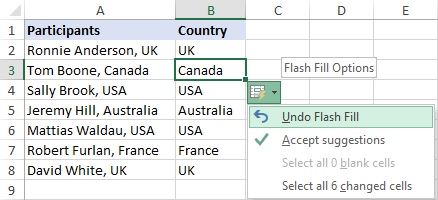 Opciones de relleno Flash de Excel