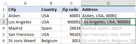 Usando Flash Fill para combinar datos de varias celdas