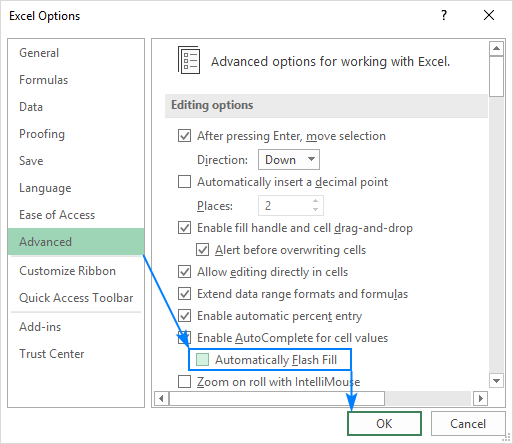 Deshabilite Flash Fill en Excel.