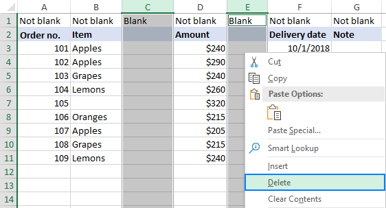 Eliminar columnas en blanco en Excel