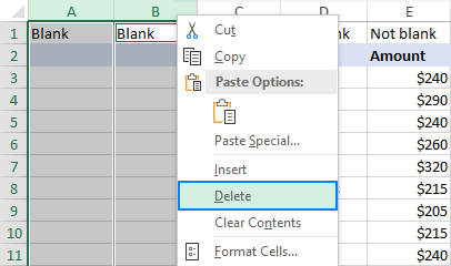 Eliminar columnas en blanco en Excel.