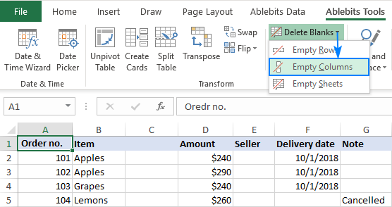 Eliminar columnas vacías en Excel con un clic de botón