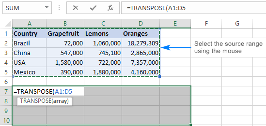 Seleccionar un rango para transponer.