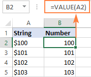 Fórmula VALUE para convertir una cadena en un número.