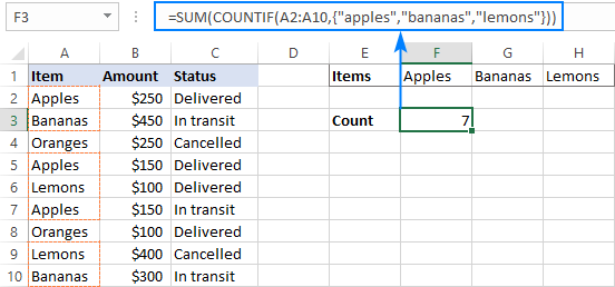 COUNTIF con una constante de matriz para contar celdas con lógica OR