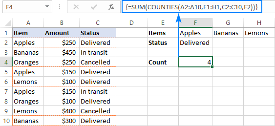 COUNTIFS con una matriz constante para contar celdas con lógica AND/OR