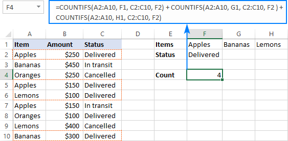 Agregue dos o más COUNTIFS para contar celdas con lógica OR y AND.