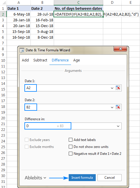 Cree una fórmula para calcular los días entre dos fechas en Excel.