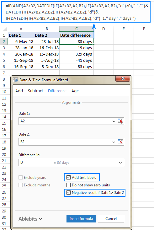 Mostrar la diferencia de fecha con etiquetas de texto