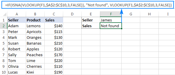 Si no se encuentra el valor de búsqueda, IF ISNA VLOOKUP devuelve un texto personalizado en lugar del error N/A.