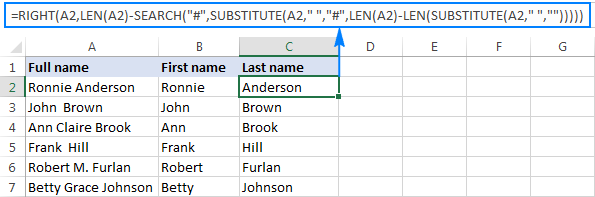 Fórmula para extraer un apellido cuando algunos de los nombres originales incluyen un segundo nombre