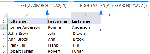 Fórmulas para dividir nombre y apellido en Excel