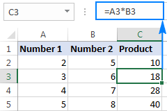 Debido al uso de referencias de celdas relativas (sin el signo $), nuestra fórmula de multiplicación de Excel se ajustará correctamente para cada fila: