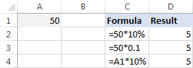 En lugar de porcentajes, puede multiplicar por un número decimal correspondiente.  Por ejemplo, sabiendo que el 10 por ciento son 10 partes de cien (0,1), utilice la siguiente expresión para multiplicar 50 por 10 %: