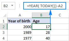 Fórmula para obtener la edad a partir de la fecha de nacimiento.