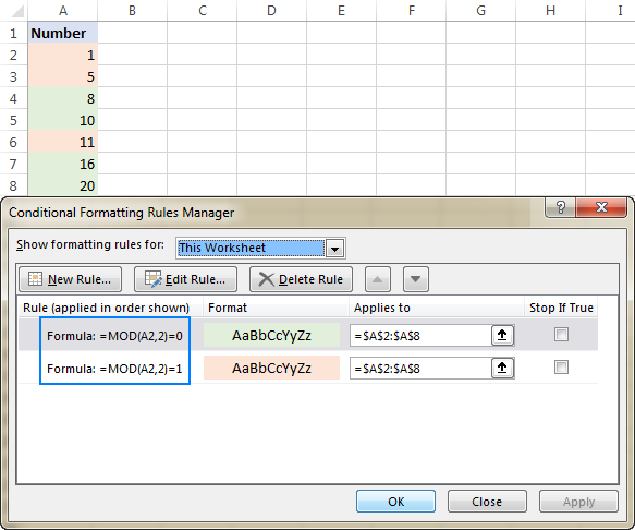 Resalta números pares e impares en Excel