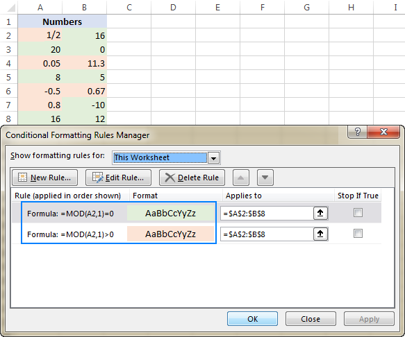 Resaltar enteros y decimales en Excel 