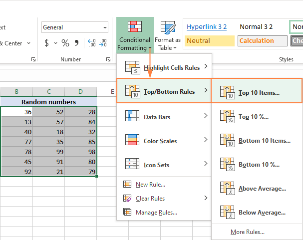 Uso de reglas superior/inferior en Excel