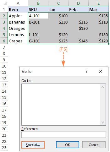 Ir a Especial en Excel