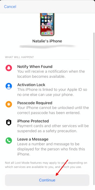 Aplicación de seguimiento de dispositivos Apple Lost Continuar