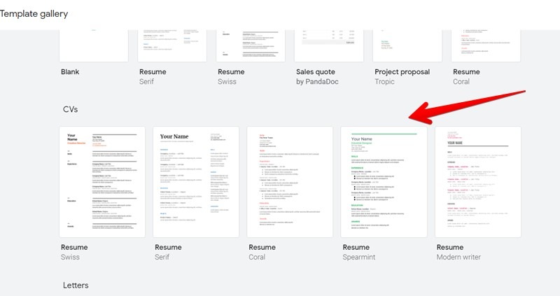 Selección de galería de plantillas de currículum de Google Docs