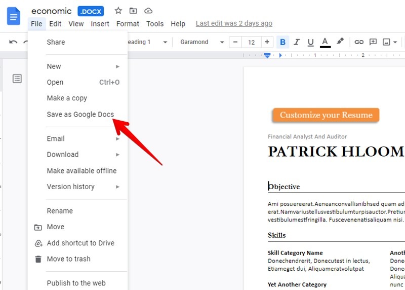 Plantilla de currículum de Google Docs Word Convert