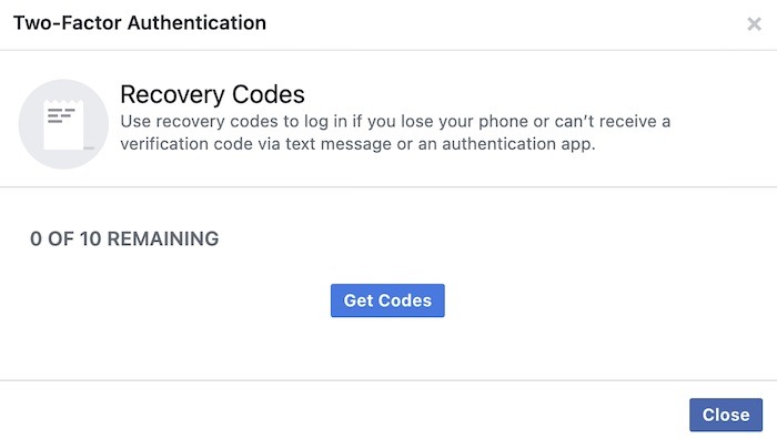 Iniciar sesión Lista de códigos de recuperación del generador de códigos de Facebook