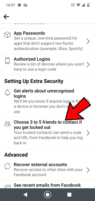Iniciar sesión en Facebook sin generador de código Contactos de confianza