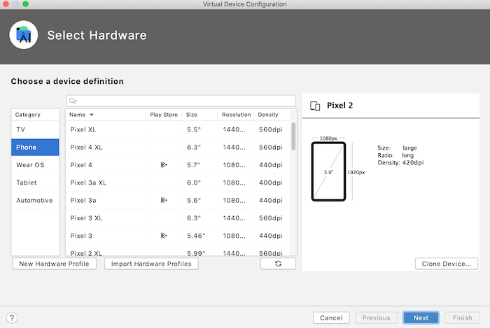 Puede usar Android Studio para crear una amplia gama de dispositivos emulados, con diferentes configuraciones de hardware y software.