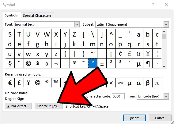 Insertar símbolo de grado Menú de símbolos de Microsoft Word