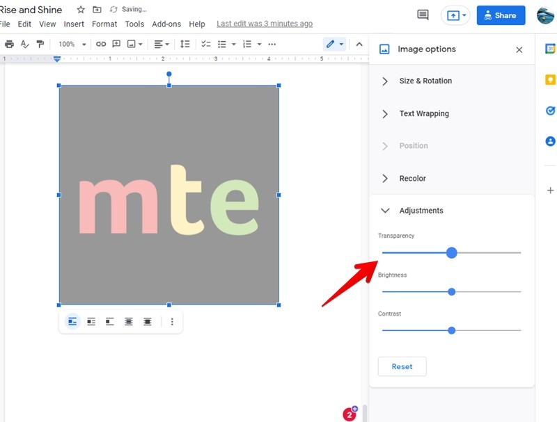 Hacer que la imagen sea transparente Opacidad Nivel de Google Docs