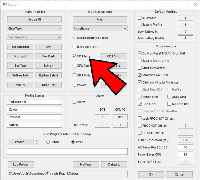 Configuración de Throttlestop para comprobar la temperatura de la CPU en el área de notificaciones