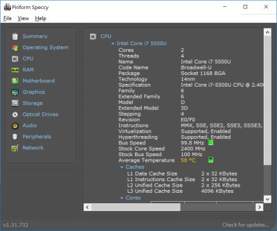 Detalles de la CPU con información de temperatura en Speccy