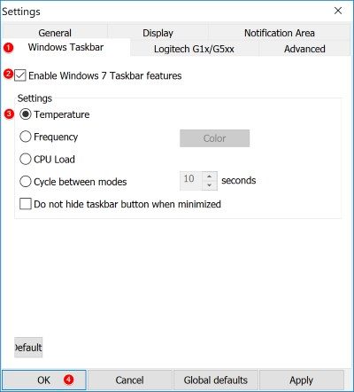 Configuración de temperatura central para mostrar la temperatura de la CPU en la barra de tareas