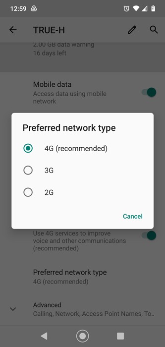 Los datos móviles no funcionan Tipo de red de Android