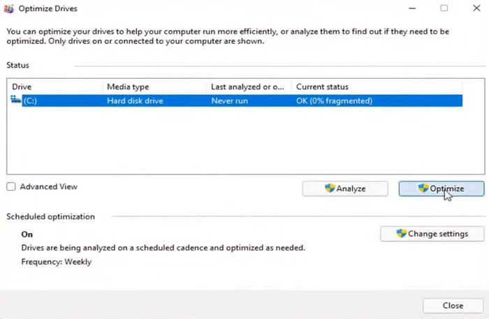 Formas de comprobar el estado del disco duro en Windows 11 Defrag Optimize