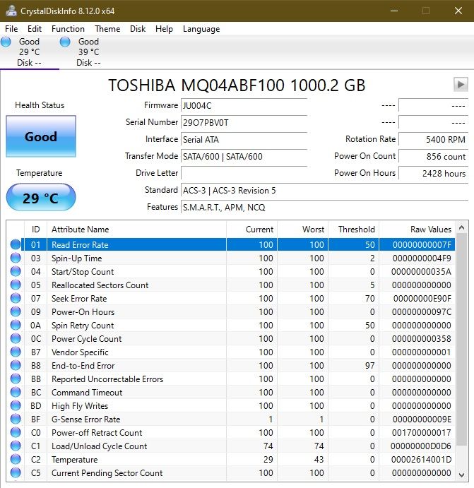 Cómo comprobar el estado del disco duro en Windows 10 Diskinfo64 Resultados