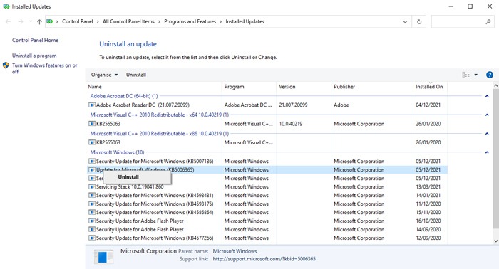 Arreglar información de configuración del sistema incorrecta Desinstalar actualizaciones