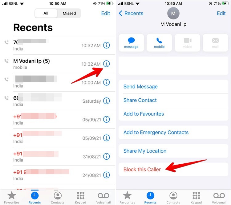 Bloquear números recientes de la aplicación de teléfono Iphone