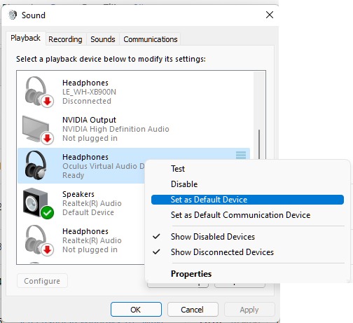 Arreglar los auriculares que no funcionan Windows configurado como predeterminado